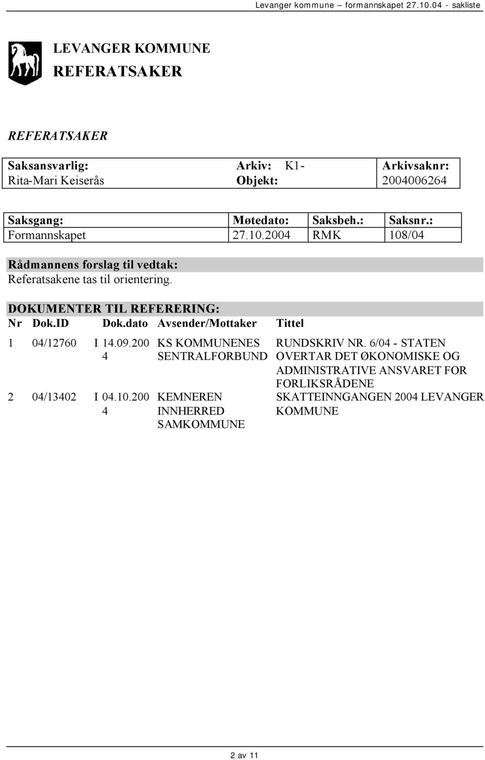 dato Avsender/Mottaker Tittel 1 04/12760 I 14.09.200 4 2 04/13402 I 04.10.