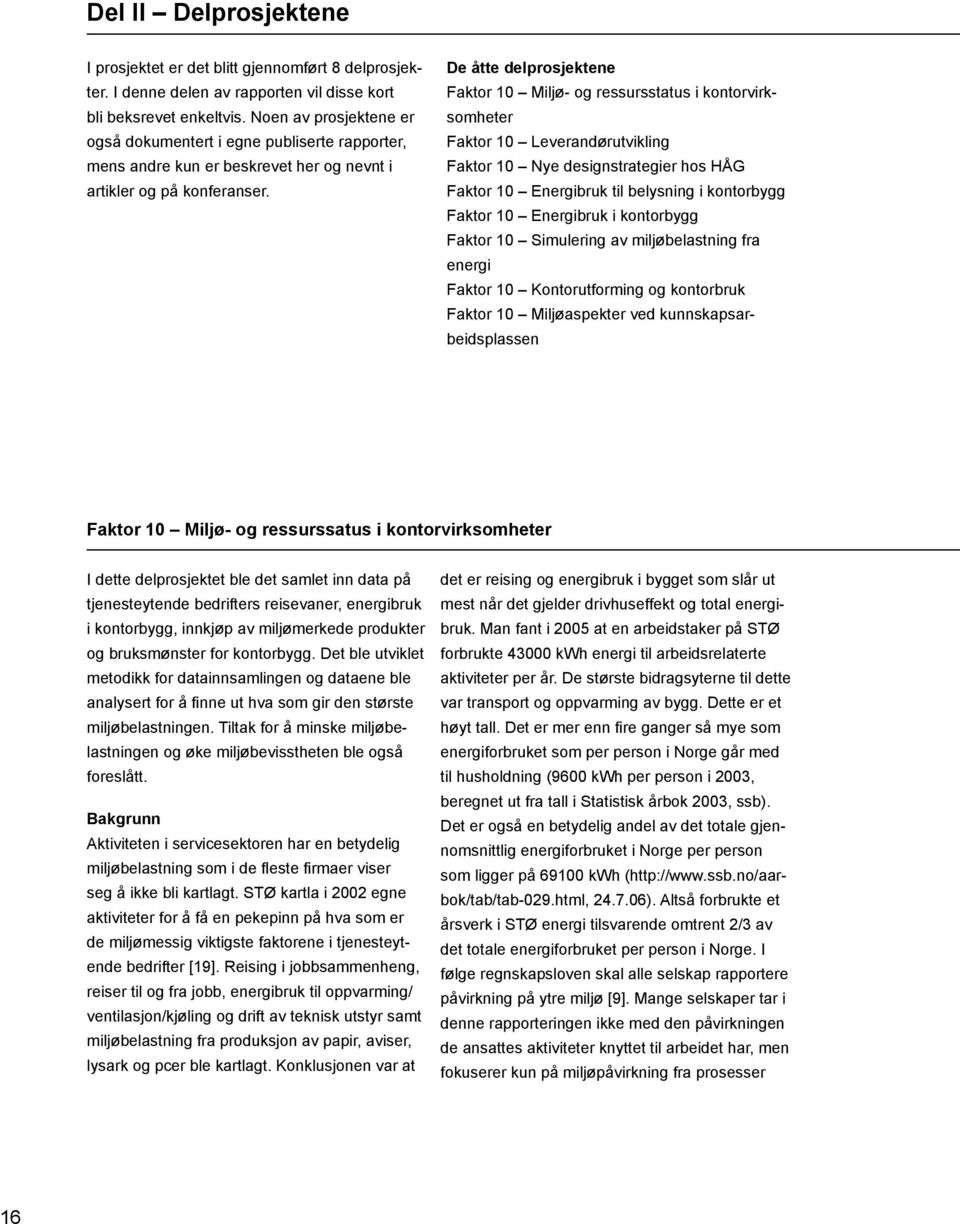 De åtte delprosjektene Faktor 10 Miljø- og ressursstatus i kontorvirksomheter Faktor 10 Leverandørutvikling Faktor 10 Nye designstrategier hos HÅG Faktor 10 Energibruk til belysning i kontorbygg