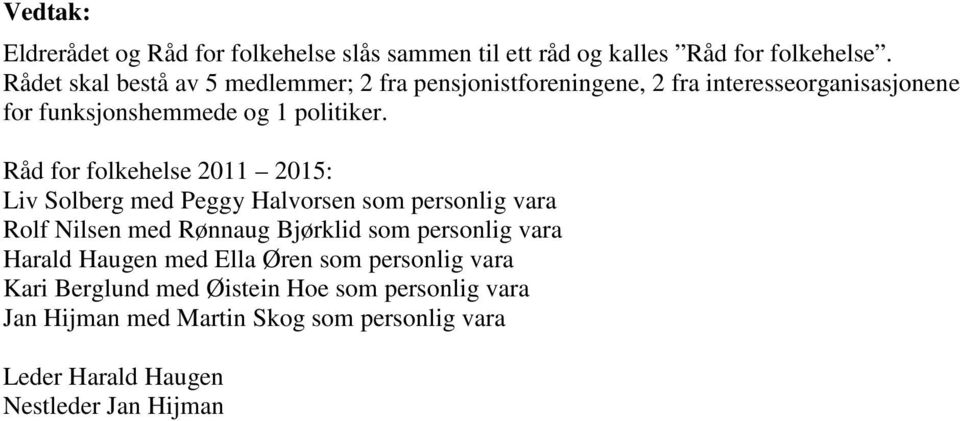 Råd for folkehelse 2011 2015: Liv Solberg med Peggy Halvorsen som personlig vara Rolf Nilsen med Rønnaug Bjørklid som personlig vara