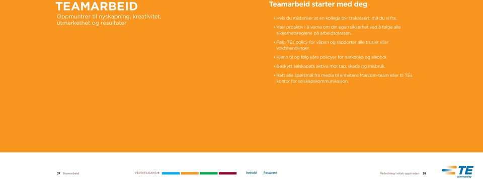 Følg TEs policy for våpen og rapporter alle trusler eller voldshandlinger. Kjenn til og følg våre policyer for narkotika og alkohol.