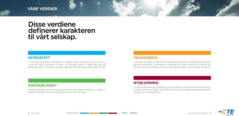 Vi fremmer mangfold, rettferdig behandling, gjensidig respekt og tillit. TEAMARBEID Vi fremmer et miljø som oppmuntrer til nyskapning, kreativitet, fortreffelighet og resultater gjennom teamarbeid.