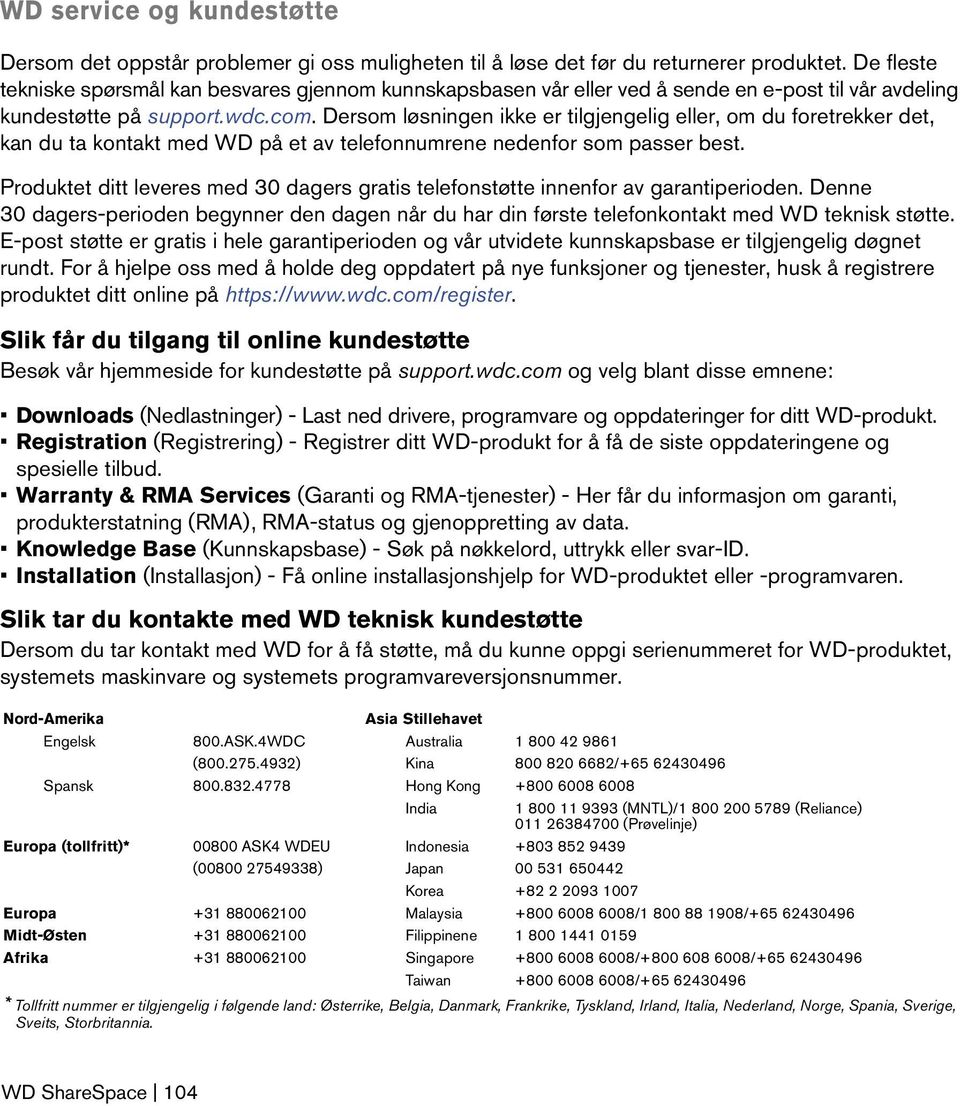 Dersom løsningen ikke er tilgjengelig eller, om du foretrekker det, kan du ta kontakt med WD på et av telefonnumrene nedenfor som passer best.