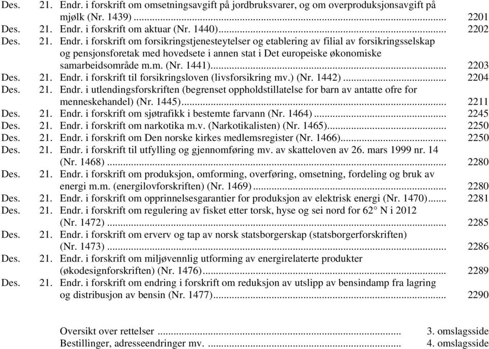 1445)... 2211 Des. 21. Endr. i forskrift om sjøtrafikk i bestemte farvann (Nr. 1464)... 2245 Des. 21. Endr. i forskrift om narkotika m.v. (Narkotikalisten) (Nr. 1465)... 2250 Des. 21. Endr. i forskrift om Den norske kirkes medlemsregister (Nr.