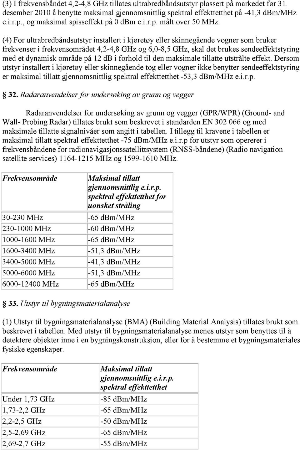 (4) For ultrabredbåndsutstyr installert i kjøretøy eller skinnegående vogner som bruker frekvenser i frekvensområdet 4,2-4,8 GHz og 6,0-8,5 GHz, skal det brukes sendeeffektstyring med et dynamisk