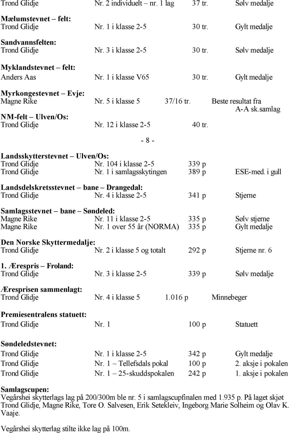 samlag NM-felt Ulven/Os: Trond Glidje Nr. 12 i klasse 2-5 40 tr. - 8 - Landsskytterstevnet Ulven/Os: Trond Glidje Nr. 104 i klasse 2-5 339 p Trond Glidje Nr. 1 i samlagsskytingen 389 p ESE-med.