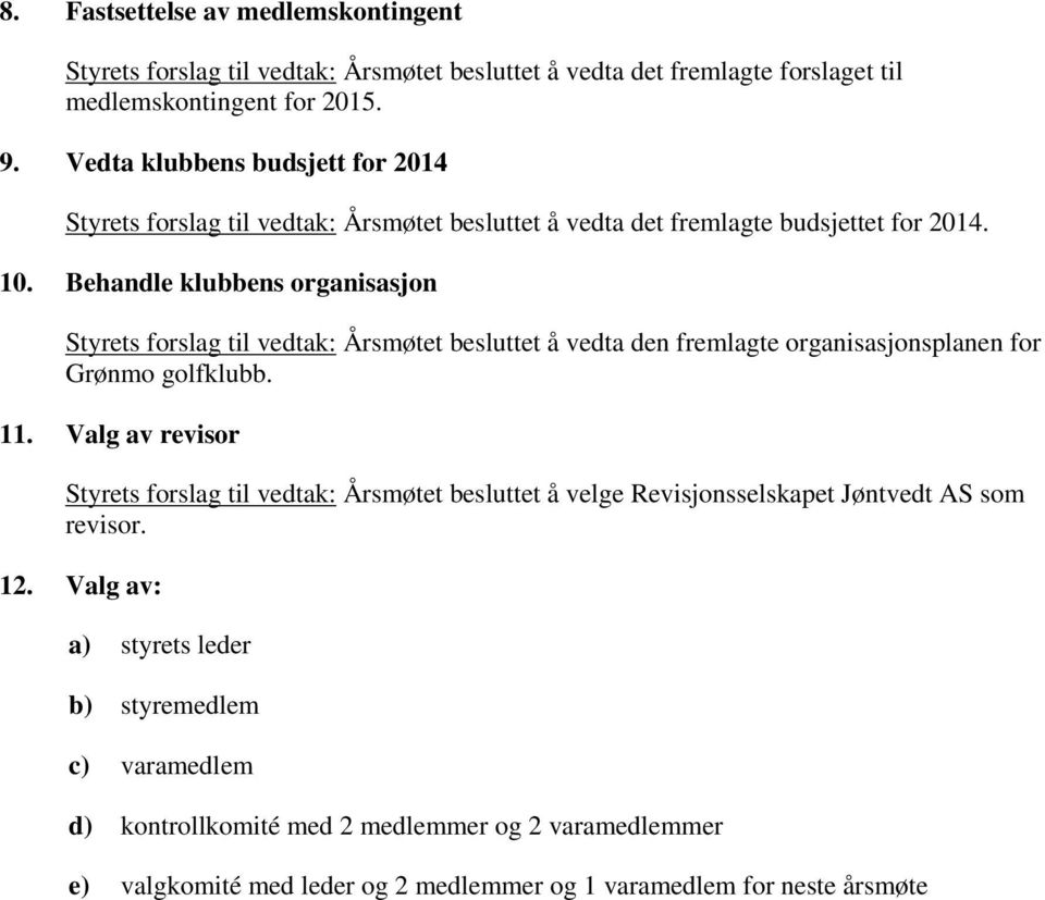 Behandle klubbens organisasjon Styrets forslag til vedtak: Årsmøtet besluttet å vedta den fremlagte organisasjonsplanen for Grønmo golfklubb. 11.