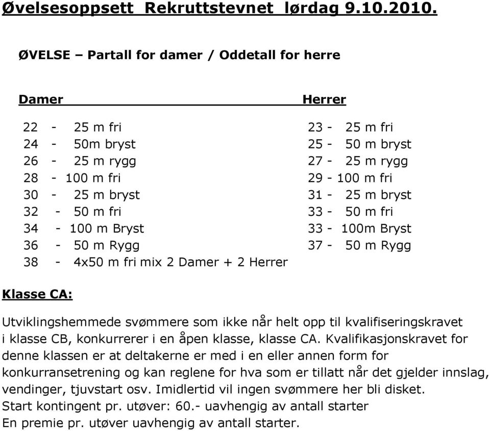 fri 33-50 m fri 34-100 m Bryst 33-100m Bryst 36-50 m Rygg 37-50 m Rygg 38-4x50 m fri mix 2 Damer + 2 Herrer Klasse CA: Utviklingshemmede svømmere som ikke når helt opp til kvalifiseringskravet i