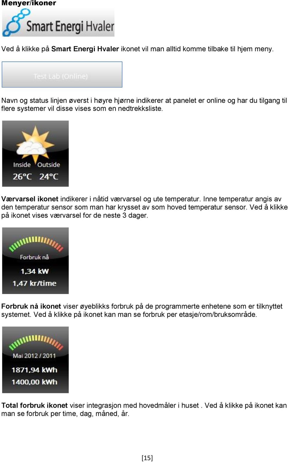 Værvarsel ikonet indikerer i nåtid værvarsel og ute temperatur. Inne temperatur angis av den temperatur sensor som man har krysset av som hoved temperatur sensor.