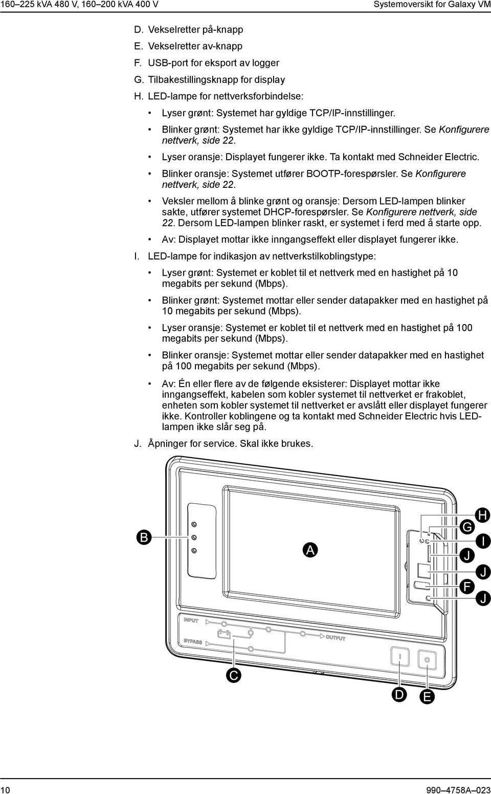 Lyser oransje: Displayet fungerer ikke. Ta kontakt med Schneider Electric. Blinker oransje: Systemet utfører BOOTP-forespørsler. Se Konfigurere nettverk, side 22.