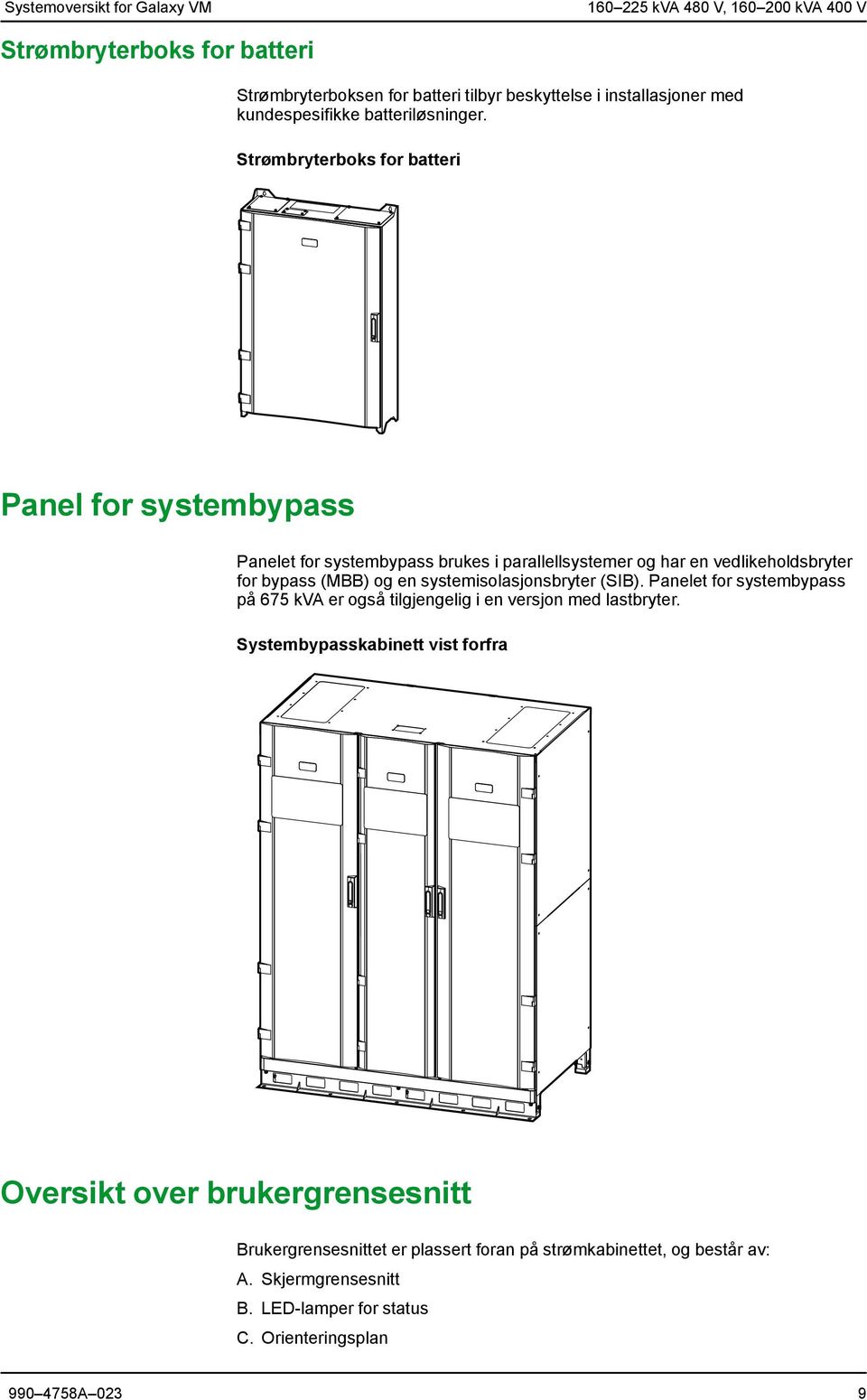 Strømbryterboks for batteri Panel for systembypass Panelet for systembypass brukes i parallellsystemer og har en vedlikeholdsbryter for bypass (MBB) og en