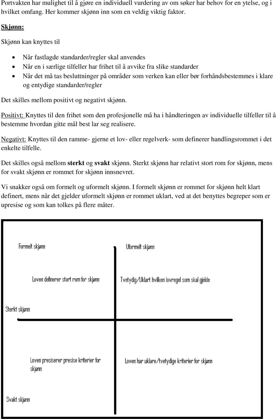 kan eller bør forhåndsbestemmes i klare og entydige standarder/regler Det skilles mellom positivt og negativt skjønn.