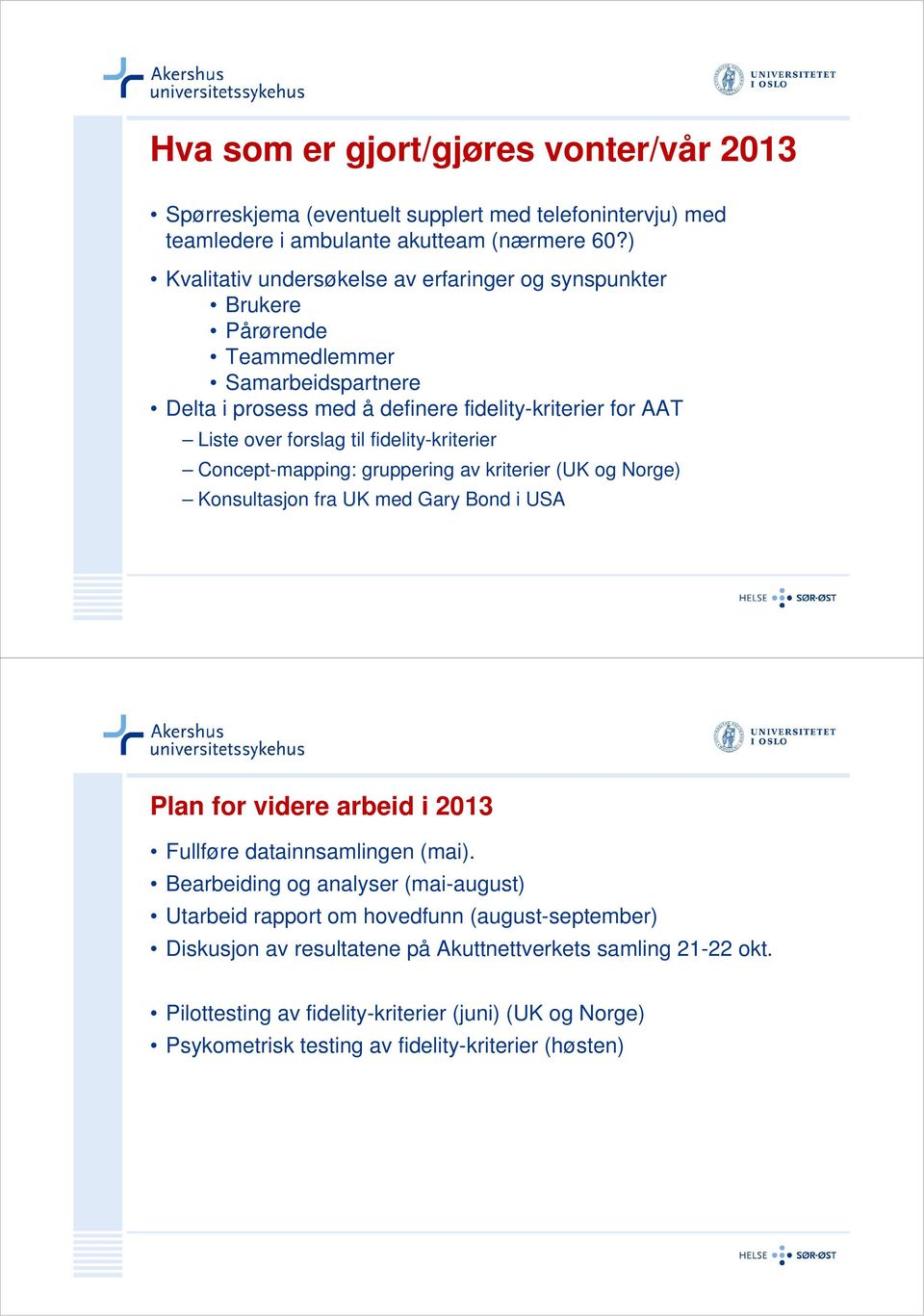 fidelity-kriterier Concept-mapping: gruppering av kriterier (UK og Norge) Konsultasjon fra UK med Gary Bond i USA Plan for videre arbeid i 2013 Fullføre datainnsamlingen (mai).