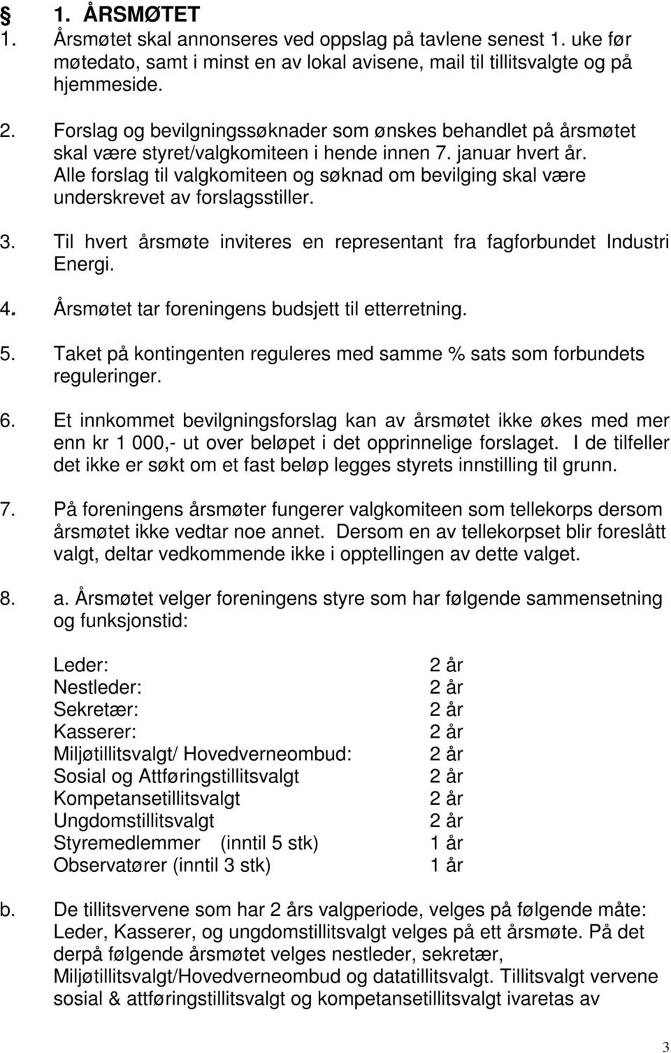 Alle forslag til valgkomiteen og søknad om bevilging skal være underskrevet av forslagsstiller. 3. Til hvert årsmøte inviteres en representant fra fagforbundet Industri Energi. 4.