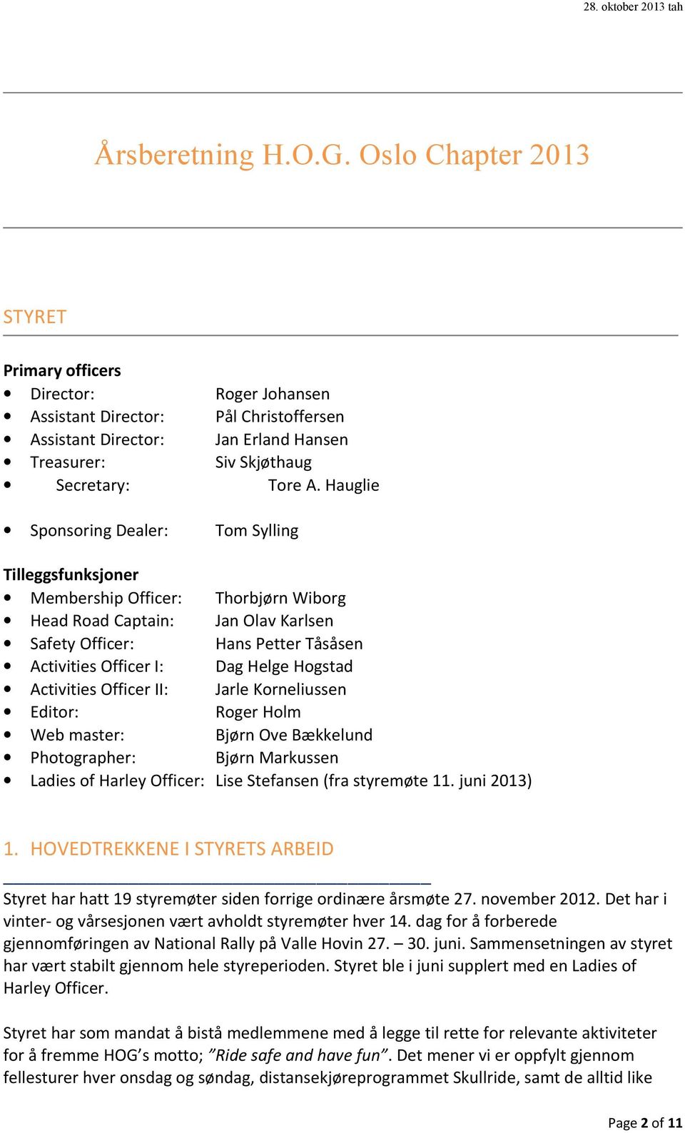 Hauglie Sponsoring Dealer: Tom Sylling Tilleggsfunksjoner Membership Officer: Thorbjørn Wiborg Head Road Captain: Jan Olav Karlsen Safety Officer: Hans Petter Tåsåsen Activities Officer I: Dag Helge