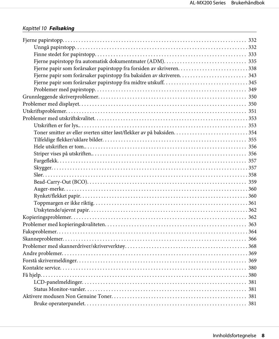 .. 343 Fjerne papir som forårsaker papirstopp fra midtre utskuff........ 345 Problemer med papirstopp... 349 Grunnleggende skriverproblemer... 350 Problemer med displayet... 350 Utskriftsproblemer.