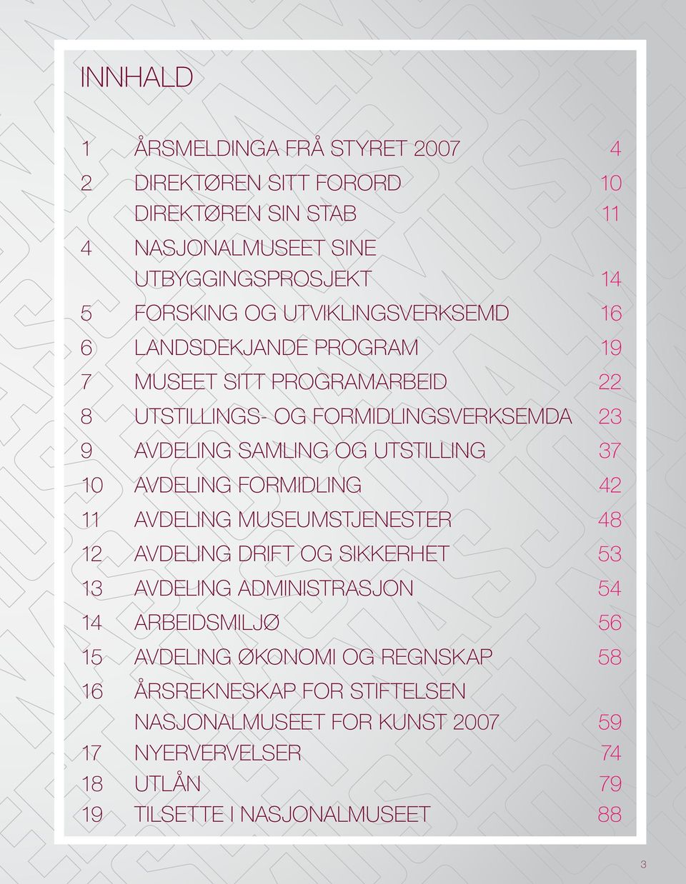 UTSTILLING 37 10 AVDELING FORMIDLING 42 11 AVDELING MUSEUMSTJENESTER 48 12 AVDELING DRIFT OG SIKKERHET 53 13 AVDELING ADMINISTRASJON 54 14 ARBEIDSMILJØ