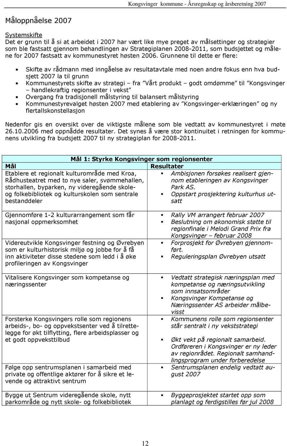 Grunnene til dette er flere: Skifte av rådmann med inngåelse av resultatavtale med noen andre fokus enn hva budsjett 2007 la til grunn Kommunestyrets skifte av strategi fra Vårt produkt godt omdømme