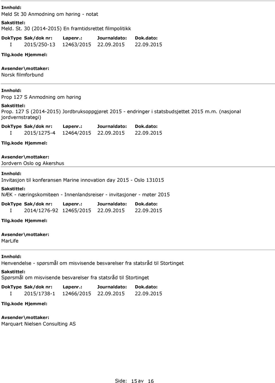 m. (nasjonal jordvernstrategi) 2015/1275-4 12464/2015 Jordvern Oslo og Akershus nnhold: nvitasjon til konferansen Marine innovation day 2015 - Oslo 131015 NÆK - næringskomiteen -