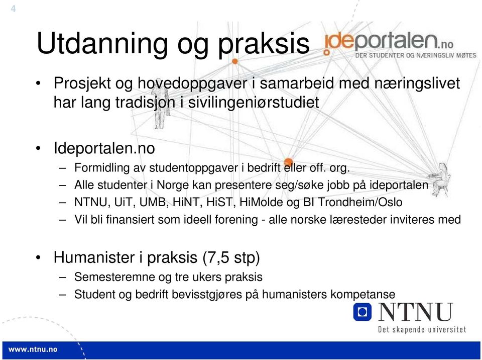 Alle studenter i Norge kan presentere seg/søke jobb på ideportalen NTNU, UiT, UMB, HiNT, HiST, HiMolde og BI Trondheim/Oslo Vil