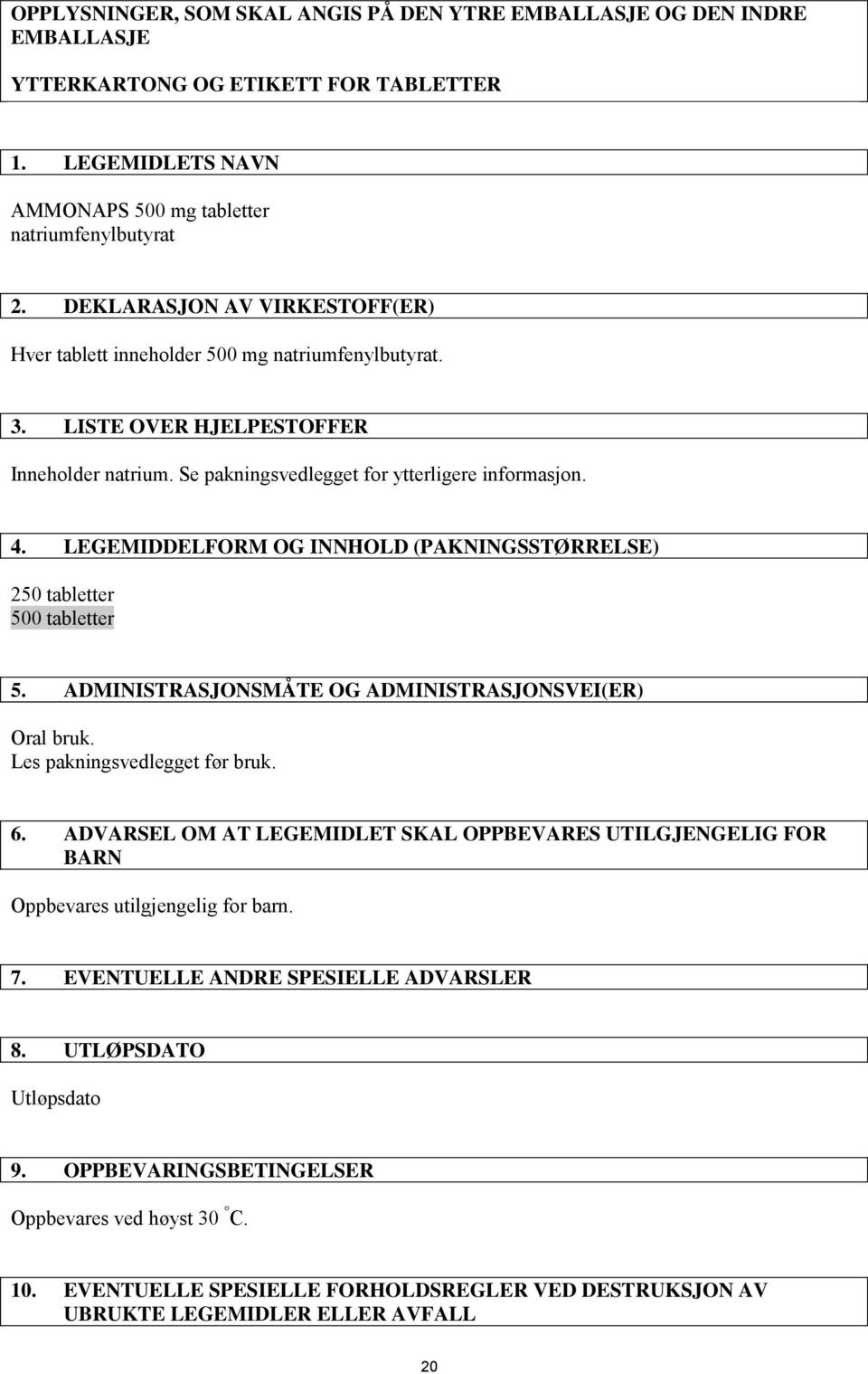 LEGEMIDDELFORM OG INNHOLD (PAKNINGSSTØRRELSE) 250 tabletter 500 tabletter 5. ADMINISTRASJONSMÅTE OG ADMINISTRASJONSVEI(ER) Oral bruk. Les pakningsvedlegget før bruk. 6.