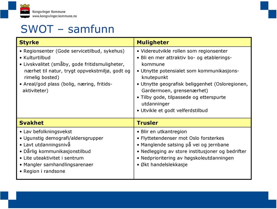 samhandlingsarenaer Region i randsone Muligheter Videreutvikle rollen som regionsenter Bli en mer attraktiv bo- og etableringskommune Utnytte potensialet som kommunikasjonsknutepunkt Utnytte