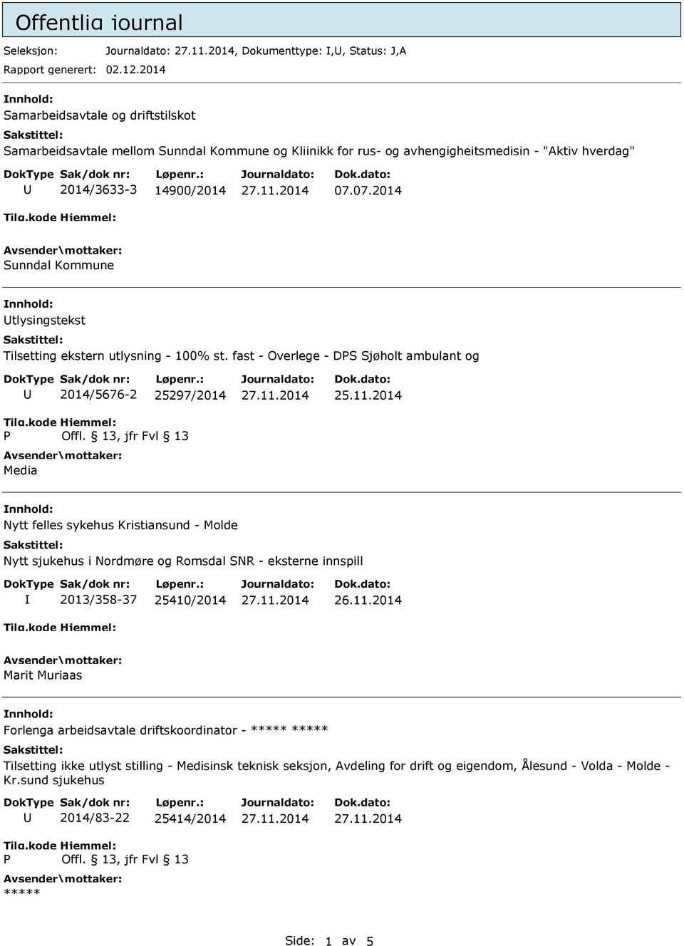 07.2014 Sunndal Kommune tlysingstekst Tilsetting ekstern utlysning - 100% st. fast - Overlege - DPS Sjøholt ambulant og P 2014/5676-2 25297/2014 Offl.