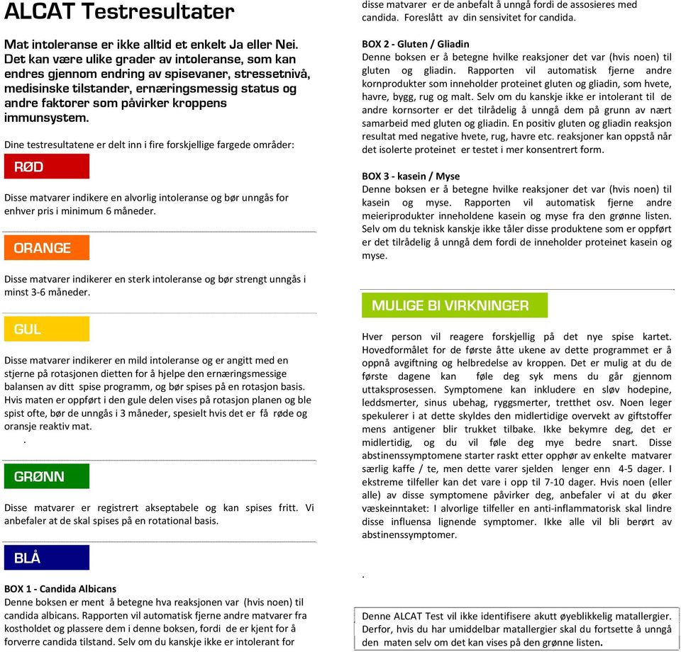 Dine testresultatene er delt inn i fire forskjellige fargede områder: RØD Disse matvarer indikere en alvorlig intoleranse og bør unngås for enhver pris i minimum 6 måneder.