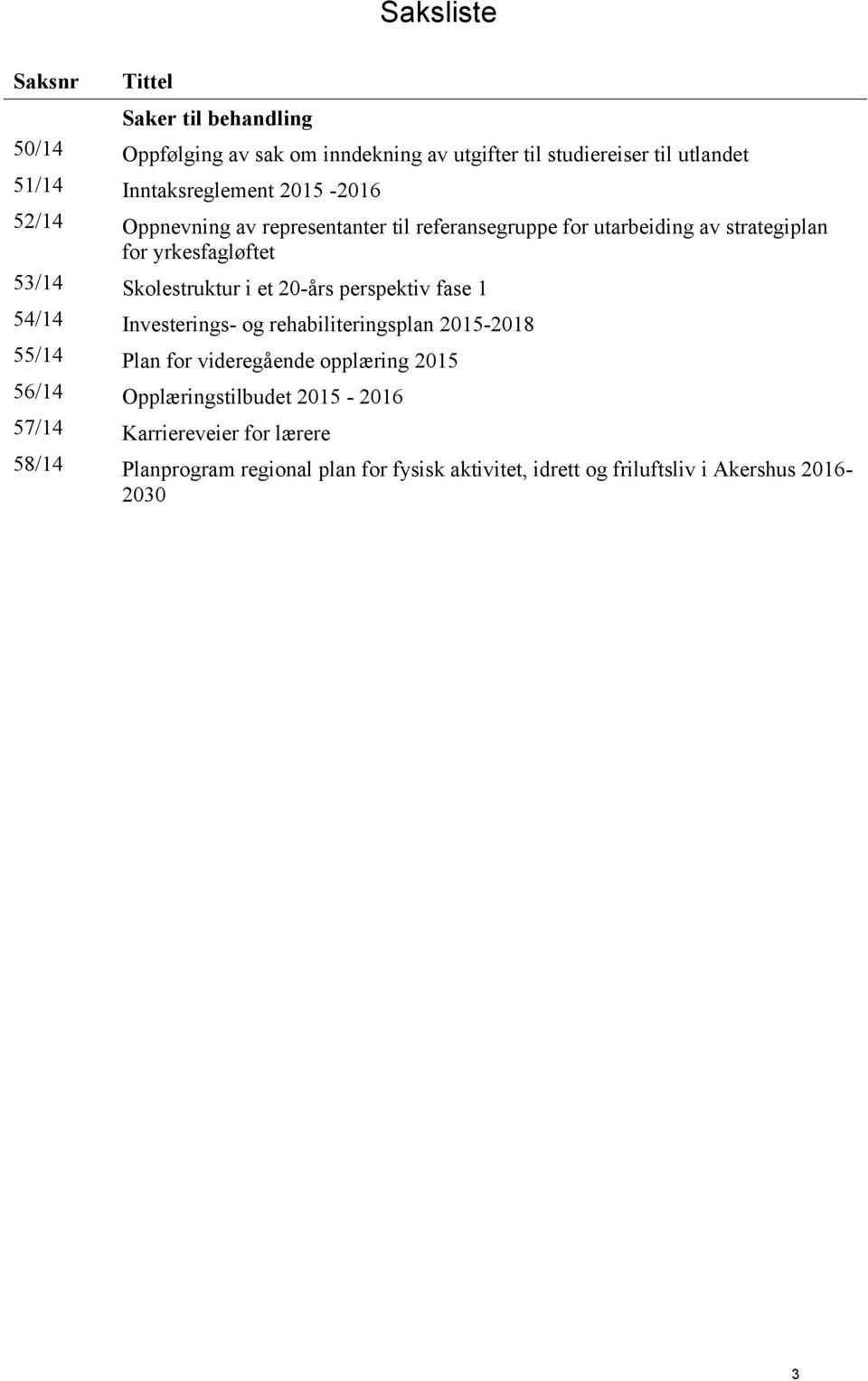 Skolestruktur i et 20-års perspektiv fase 1 54/14 Investerings- og rehabiliteringsplan 2015-2018 55/14 Plan for videregående opplæring 2015