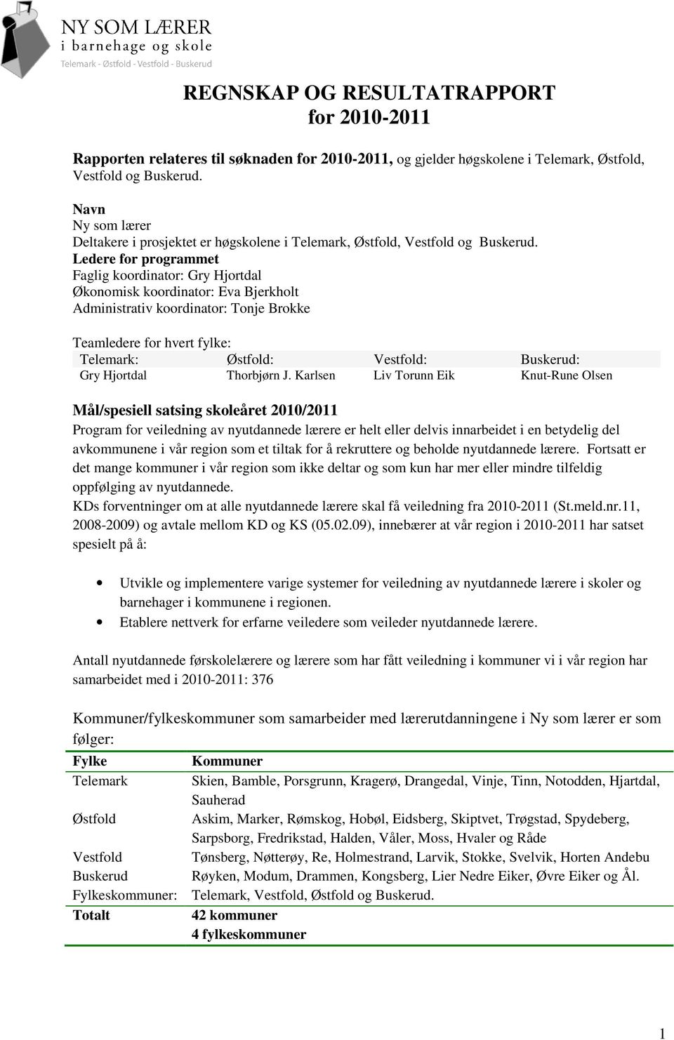 Ledere for programmet Faglig koordinator: Gry Hjortdal Økonomisk koordinator: Eva Bjerkholt Administrativ koordinator: Tonje Brokke Teamledere for hvert fylke: Telemark: Østfold: Vestfold: Buskerud: