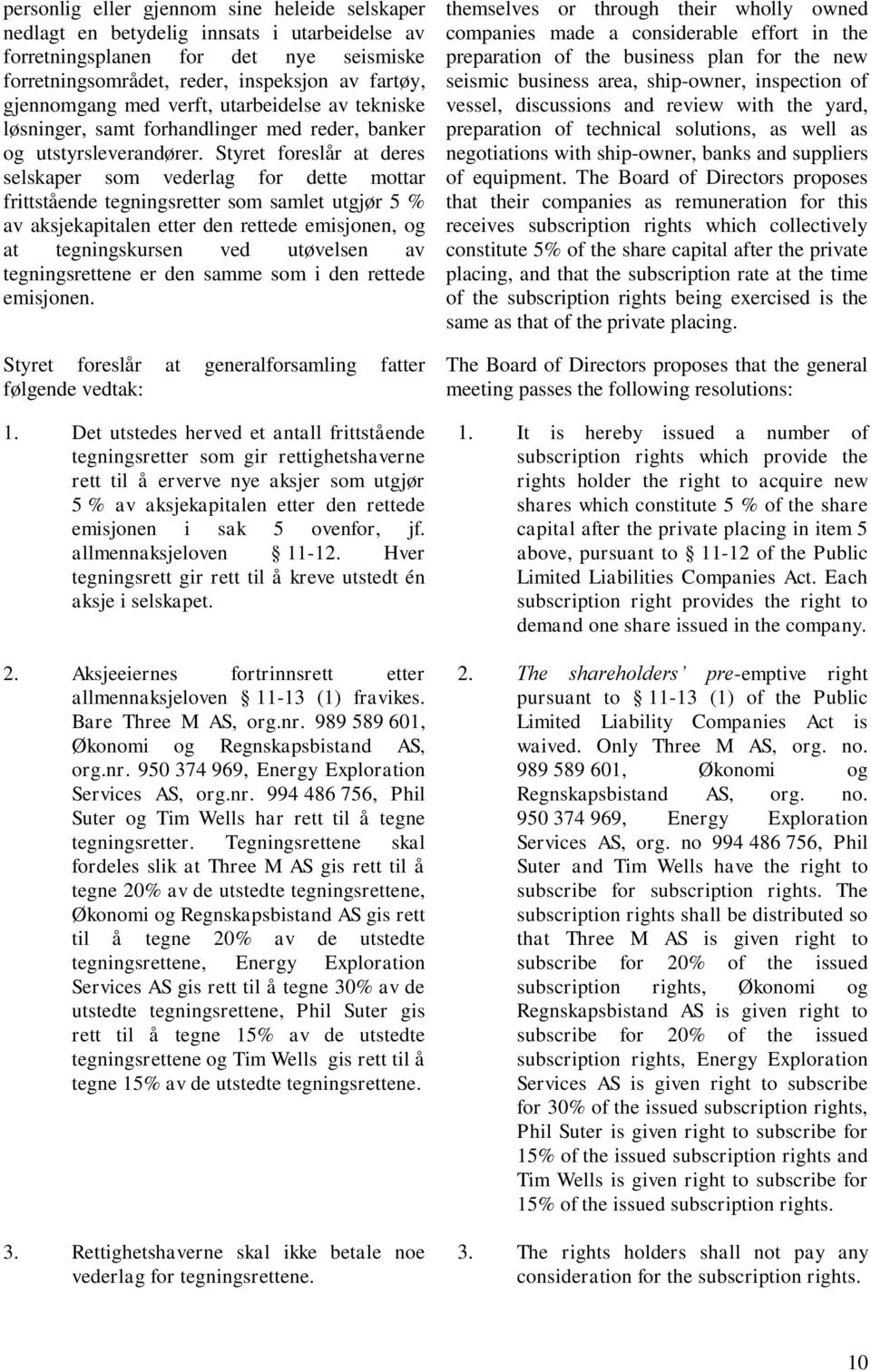 Styret foreslår at deres selskaper som vederlag for dette mottar frittstående tegningsretter som samlet utgjør 5 % av aksjekapitalen etter den rettede emisjonen, og at tegningskursen ved utøvelsen av