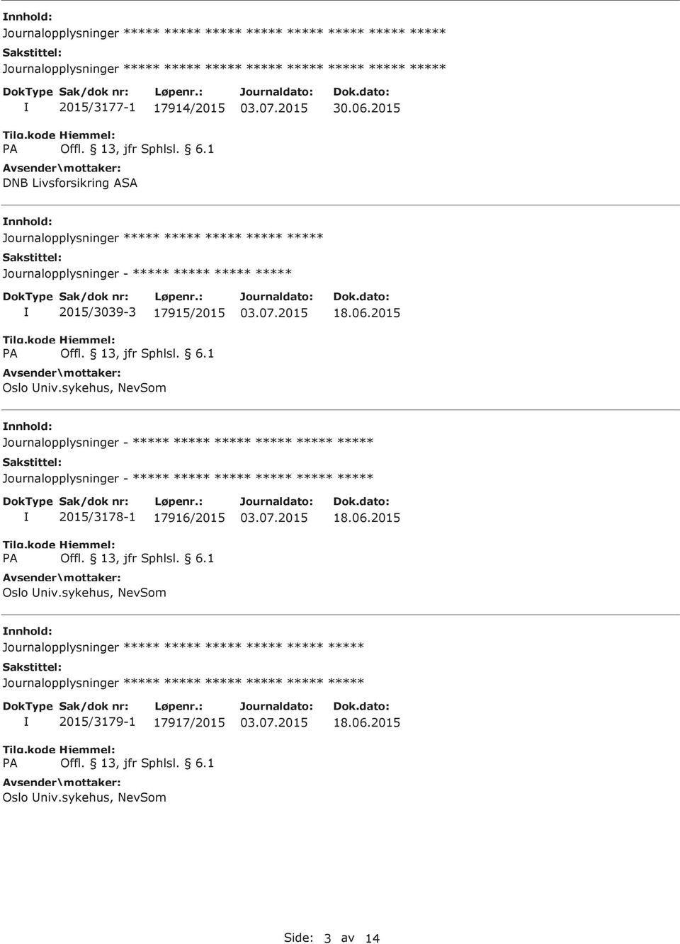 2015 Journalopplysninger - Journalopplysninger - 2015/3178-1 17916/2015 Oslo niv.sykehus, NevSom 18.06.