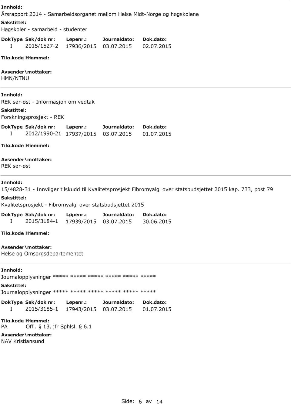 2015 REK sør-øst 15/4828-31 - nnvilger tilskudd til Kvalitetsprosjekt Fibromyalgi over statsbudsjettet 2015 kap.