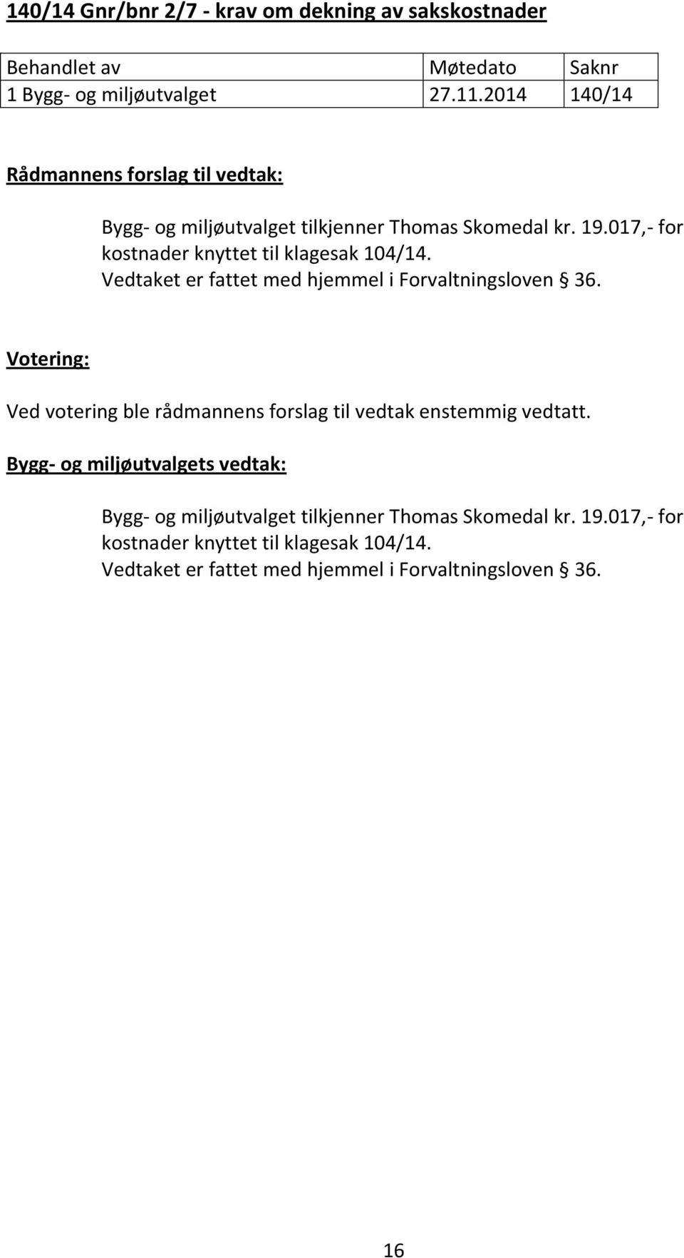 017,- for kostnader knyttet til klagesak 104/14. Vedtaket er fattet med hjemmel i Forvaltningsloven 36.