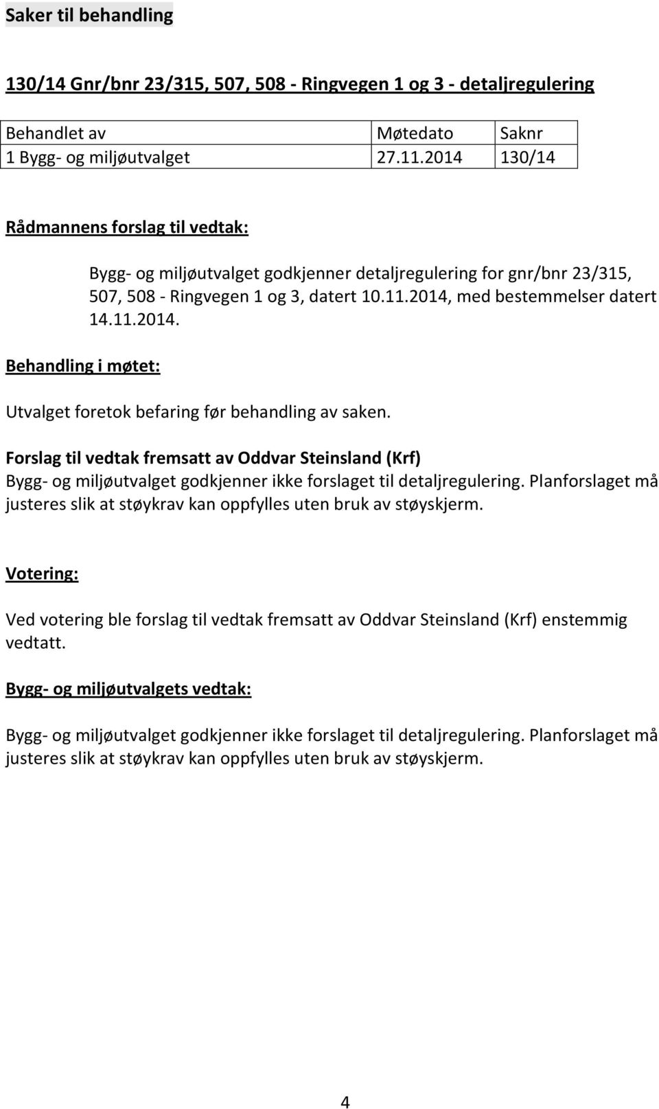 2014, med bestemmelser datert 14.11.2014. Utvalget foretok befaring før behandling av saken.