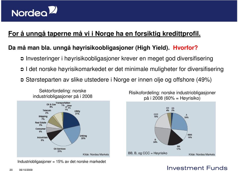 Størsteparten av slike utstedere i Norge er innen olje og offshore (49%) Sektorfordeling: norske industriobligasjoner på i 2008 Risikofordeling: norske