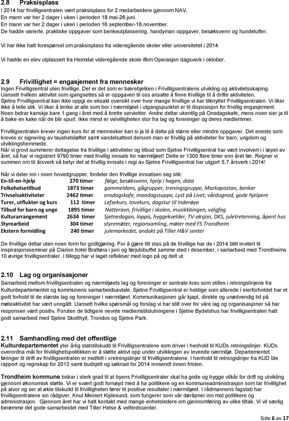 Vi har ikke hatt forespørsel om praksisplass fra videregående skoler eller universitetet i 2014. Vi hadde en elev utplassert fra Heimdal videregående skole ifbm Operasjon dagsverk i oktober. 2.9 Frivillighet = engasjement fra mennesker Ingen Frivilligsentral uten frivillige.