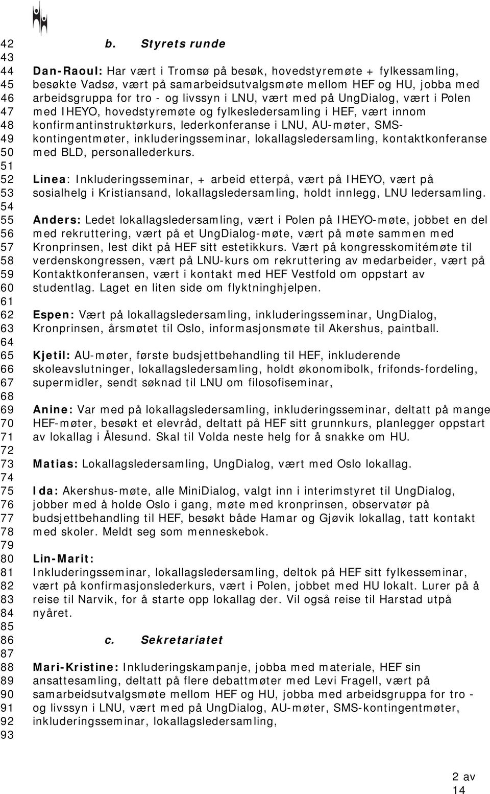 vært med på UngDialog, vært i Polen med IHEYO, hovedstyremøte og fylkesledersamling i HEF, vært innom konfirmantinstruktørkurs, lederkonferanse i LNU, AU-møter, SMSkontingentmøter,