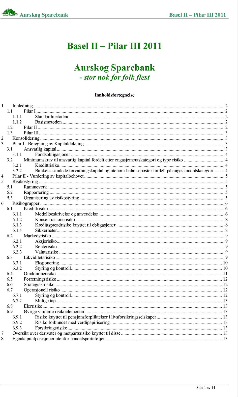 2 Minimumskrav til ansvarlig kapital fordelt etter engasjementskategori og type risiko... 4 3.2.1 Kredittrisiko... 4 3.2.2 Bankens samlede forvatningskapital og utenom-balanseposter fordelt på engasjementskategori.