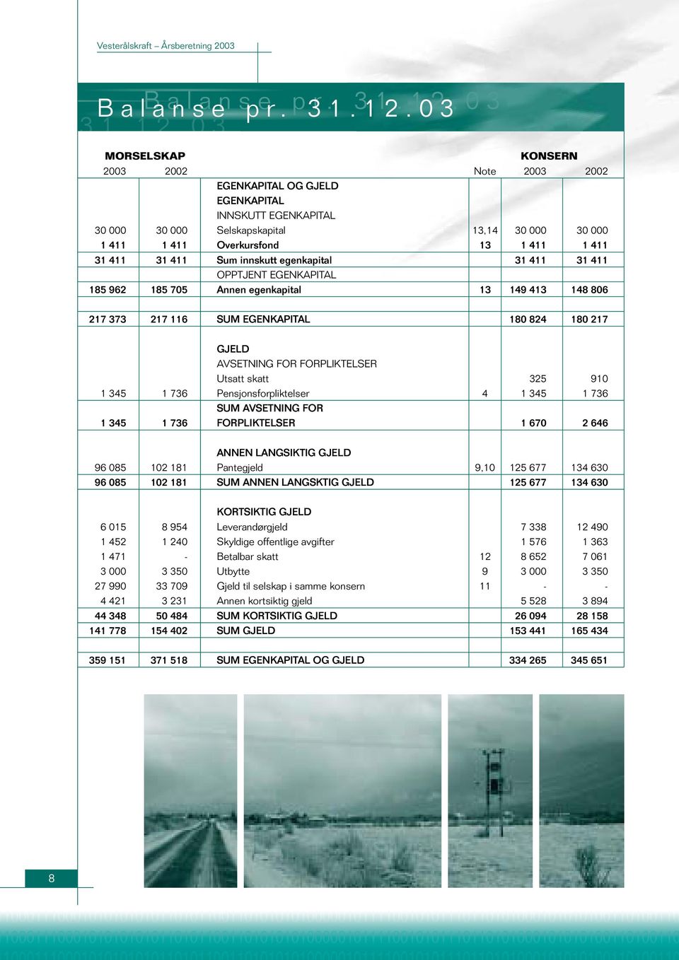 03 MORSELSKAP KONSERN 2003 2002 Note 2003 2002 EGENKAPITAL OG GJELD EGENKAPITAL INNSKUTT EGENKAPITAL 30 000 30 000 Selskapskapital 13,14 30 000 30 000 1 411 1 411 Overkursfond 13 1 411 1 411 31 411