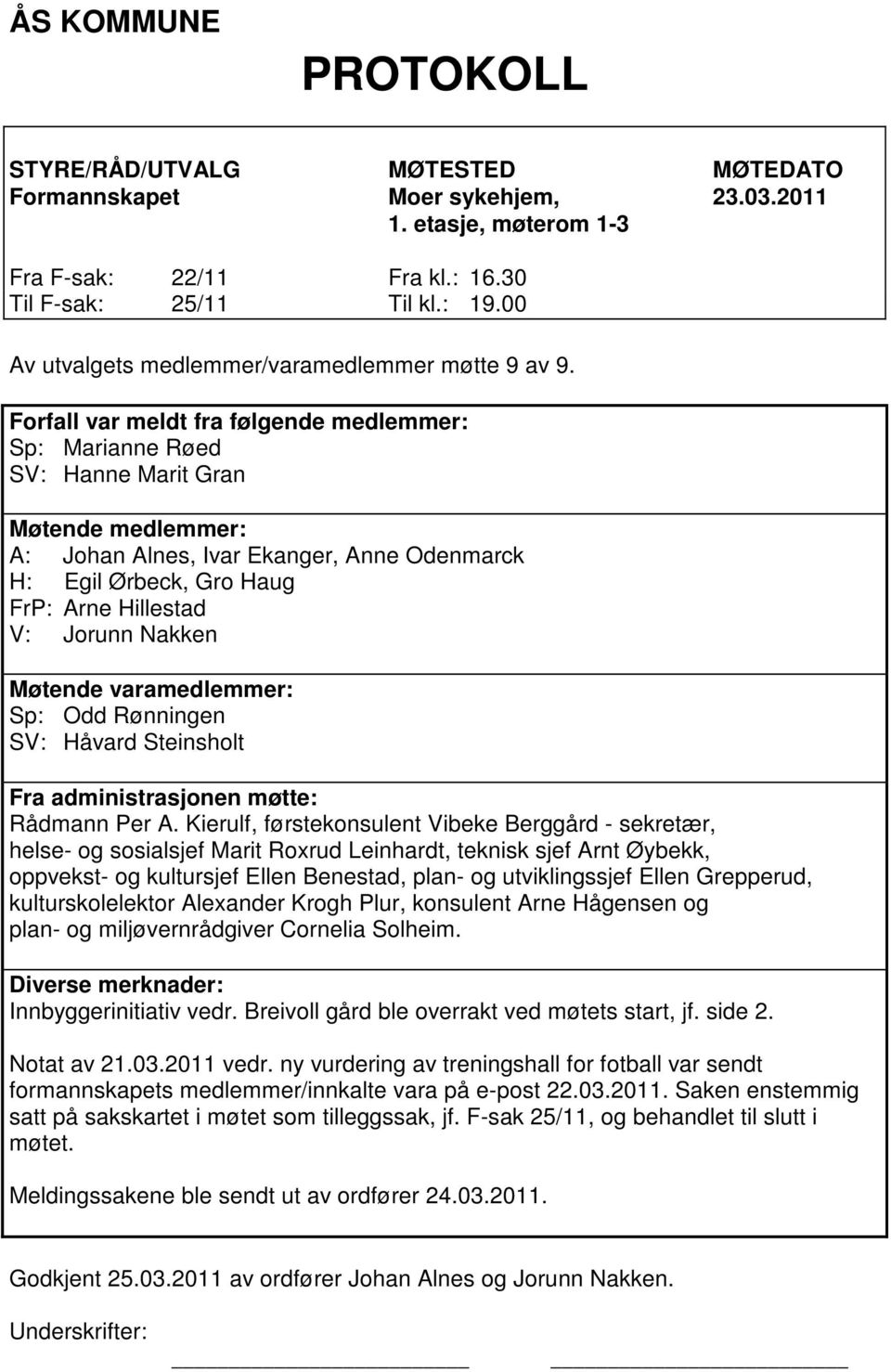 Forfall var meldt fra følgende medlemmer: Sp: Marianne Røed SV: Hanne Marit Gran Møtende medlemmer: A: Johan Alnes, Ivar Ekanger, Anne Odenmarck H: Egil Ørbeck, Gro Haug FrP: Arne Hillestad V: Jorunn