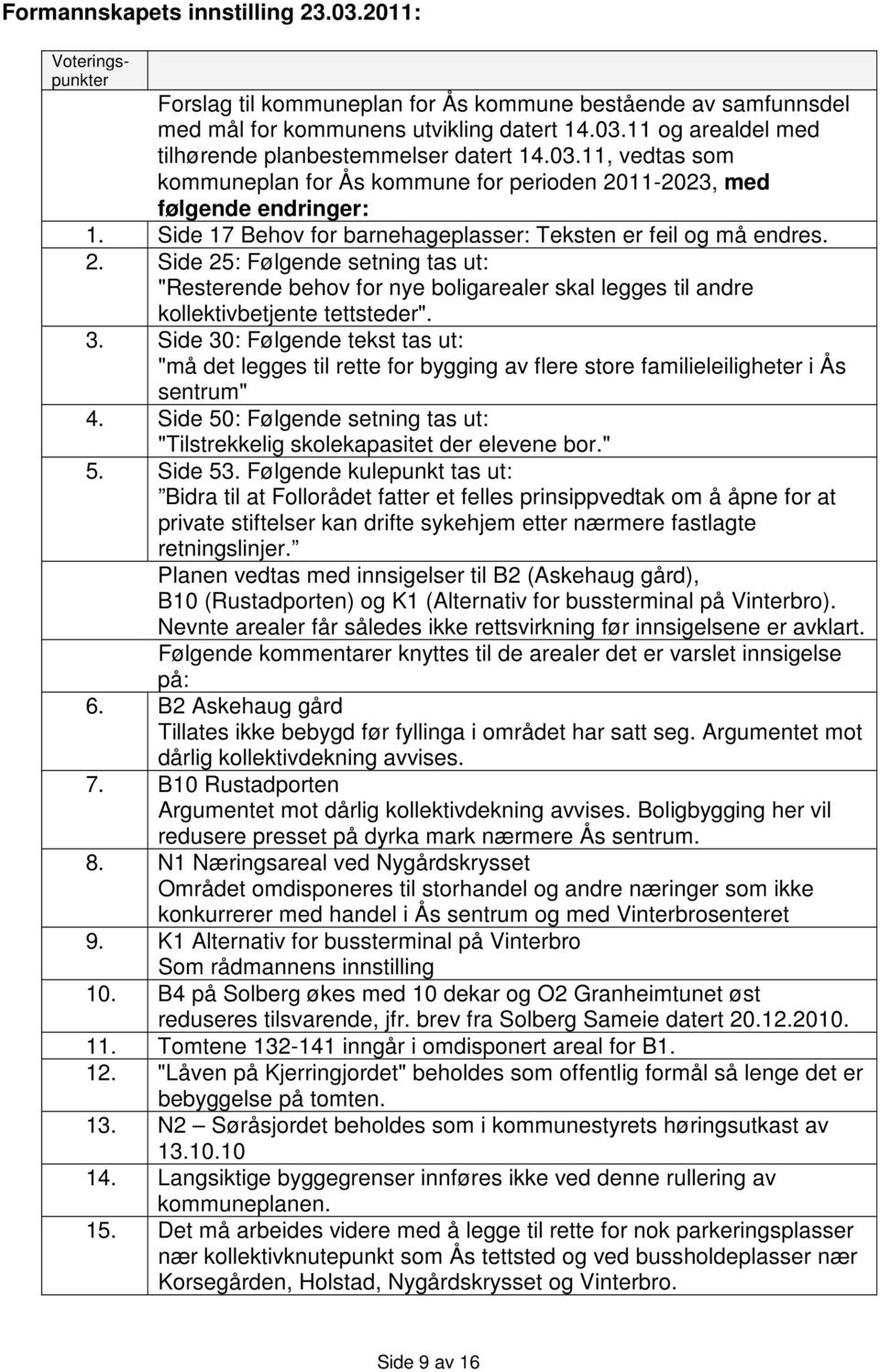 3. Side 30: Følgende tekst tas ut: "må det legges til rette for bygging av flere store familieleiligheter i Ås sentrum" 4.