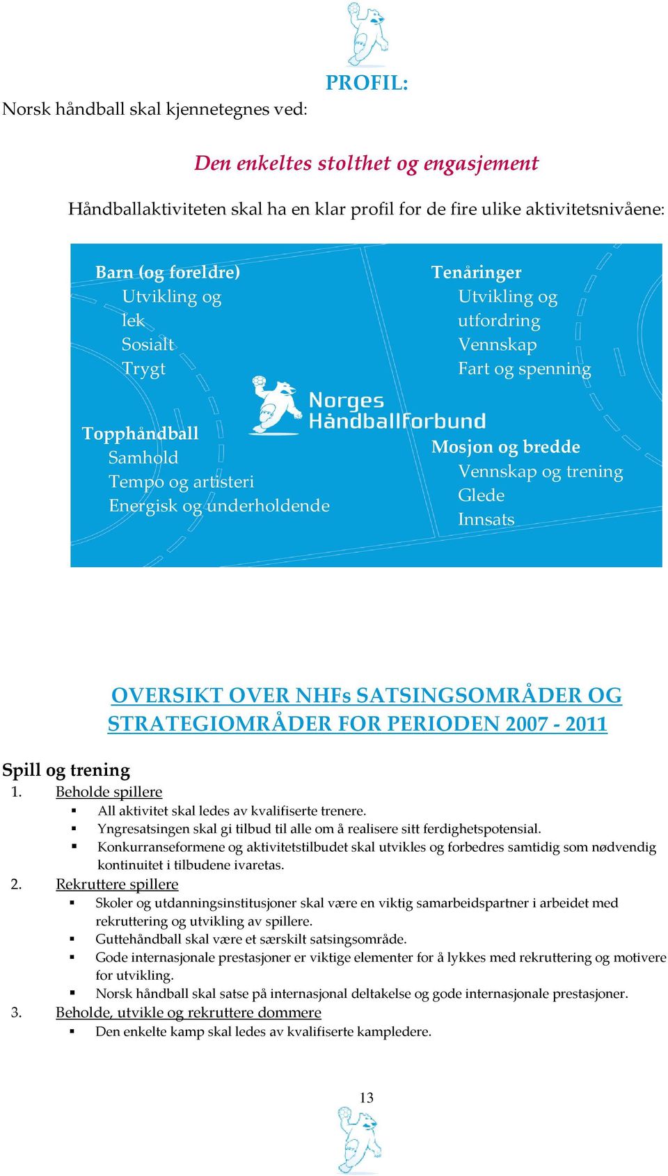 og trening OVERSIKT OVER NHFs SATSINGSOMRÅDER OG STRATEGIOMRÅDER FOR PERIODEN 2007-2011 1. Beholde spillere All aktivitet skal ledes av kvalifiserte trenere.