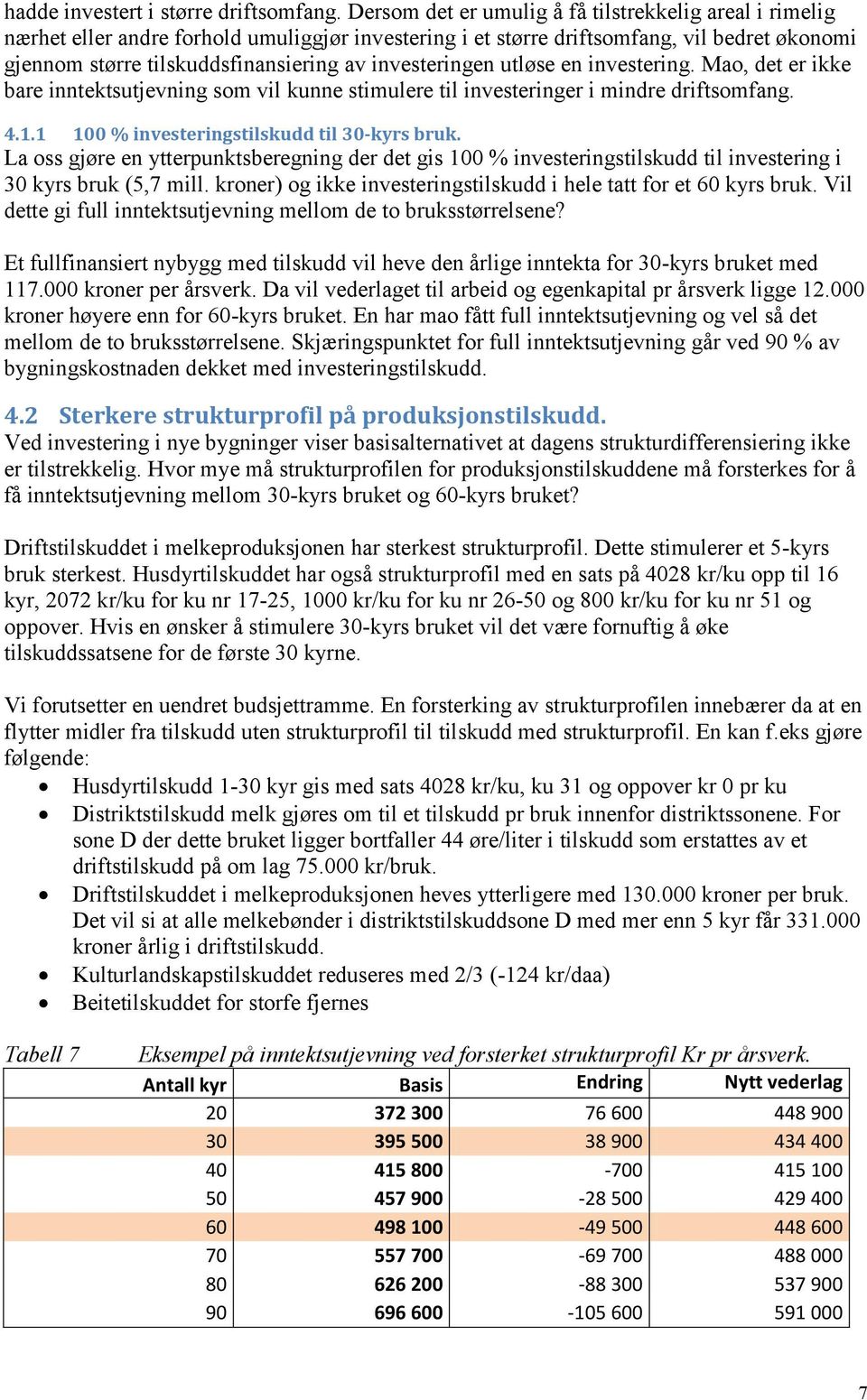 investeringen utløse en investering. Mao, det er ikke bare inntektsutjevning som vil kunne stimulere til investeringer i mindre driftsomfang. 4.1.1 100 % investeringstilskudd til 30-kyrs bruk.