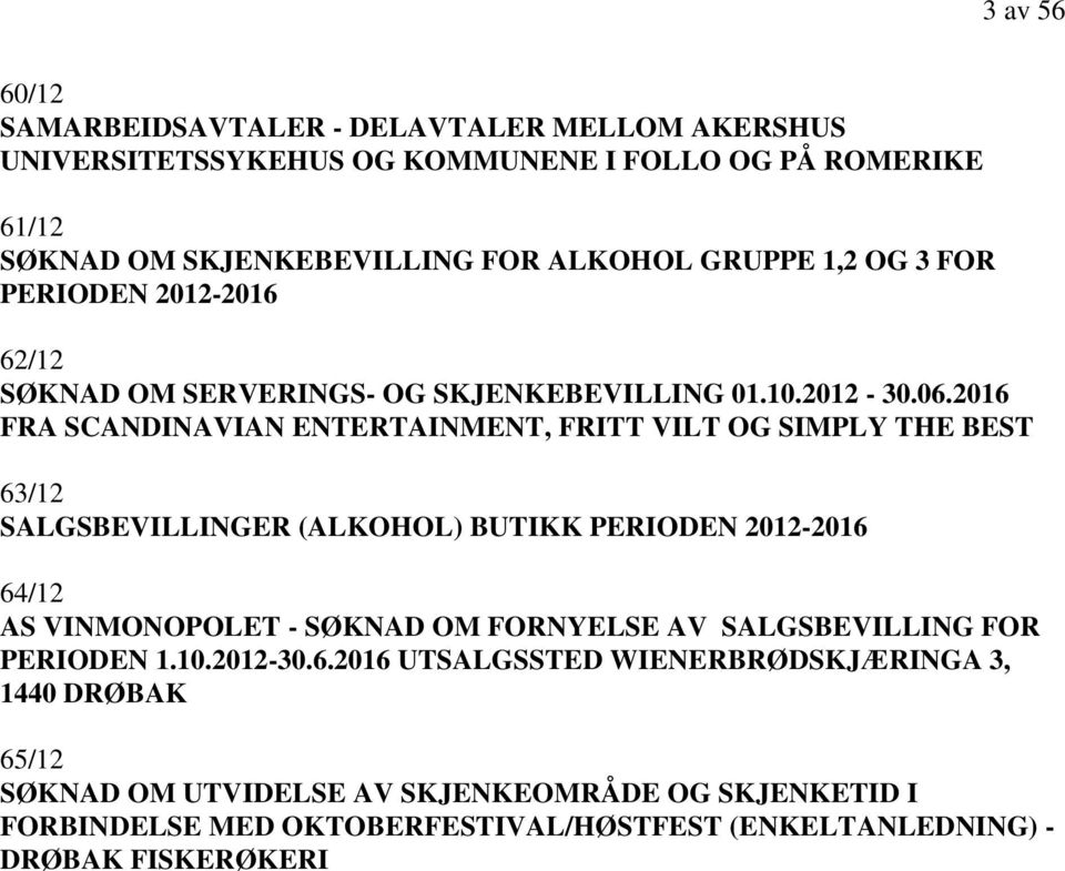 2016 FRA SCANDINAVIAN ENTERTAINMENT, FRITT VILT OG SIMPLY THE BEST 63/12 SALGSBEVILLINGER (ALKOHOL) BUTIKK PERIODEN 2012-2016 64/12 AS VINMONOPOLET - SØKNAD OM