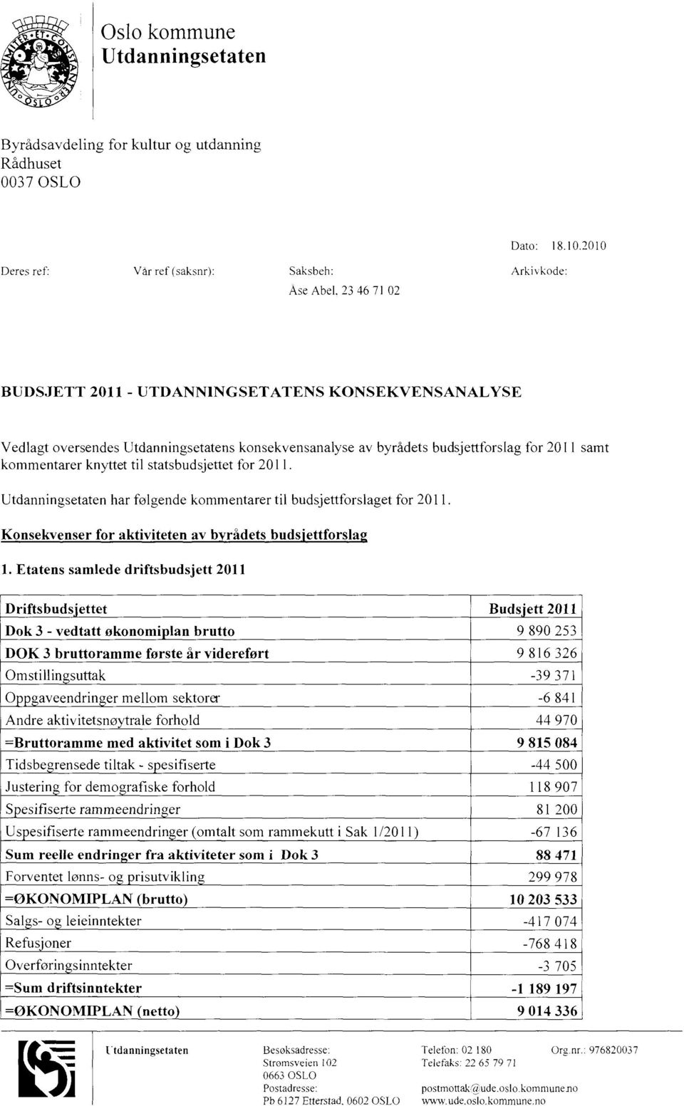 byrådets budsjettforslag for 2011 samt kommentarer knyttet til statsbudsjettet for 2011. Utdanningsetaten har følgende kommentarer til budsjettforslaget for 2011.