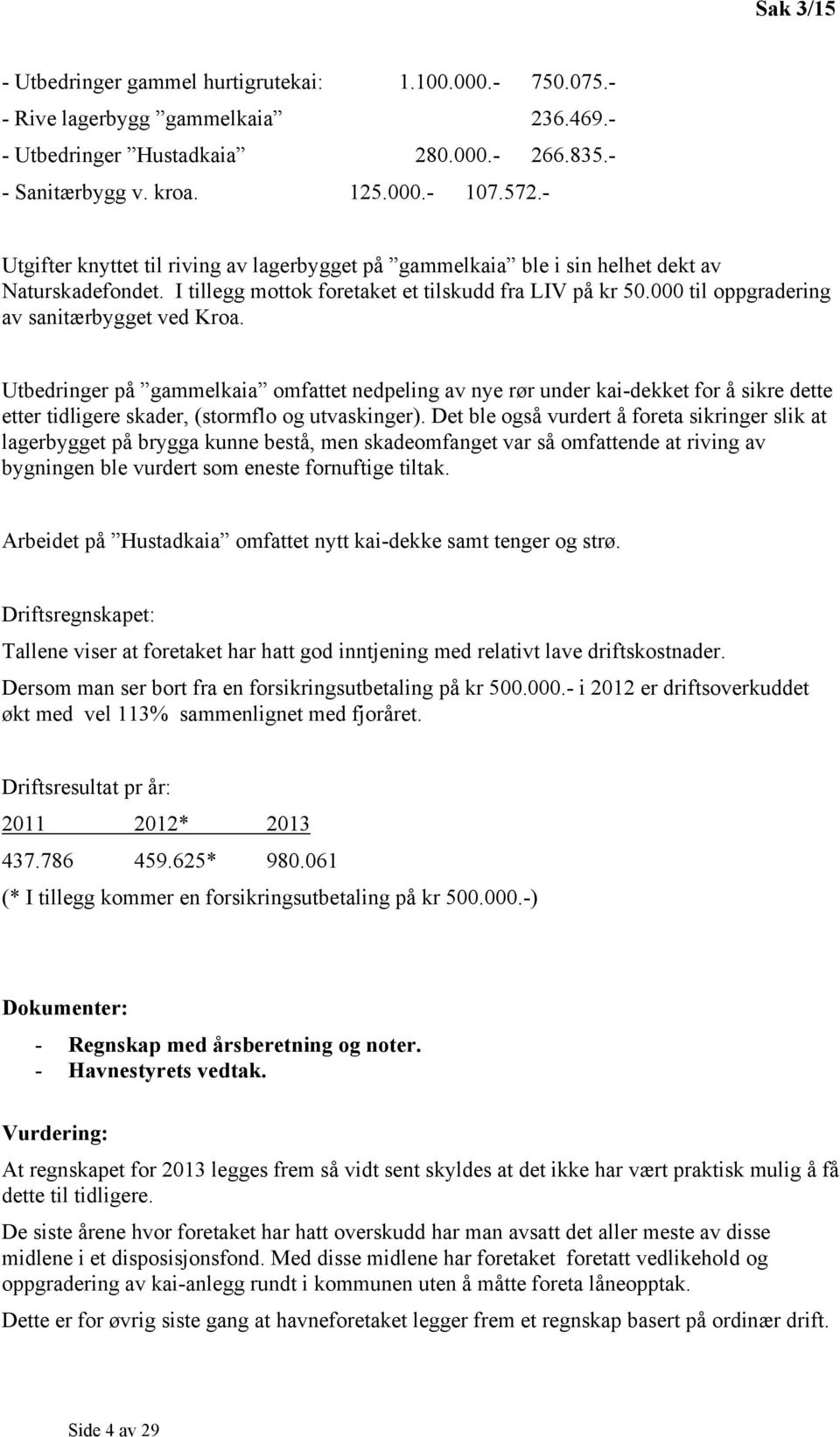 000 til oppgradering av sanitærbygget ved Kroa. Utbedringer på gammelkaia omfattet nedpeling av nye rør under kai-dekket for å sikre dette etter tidligere skader, (stormflo og utvaskinger).