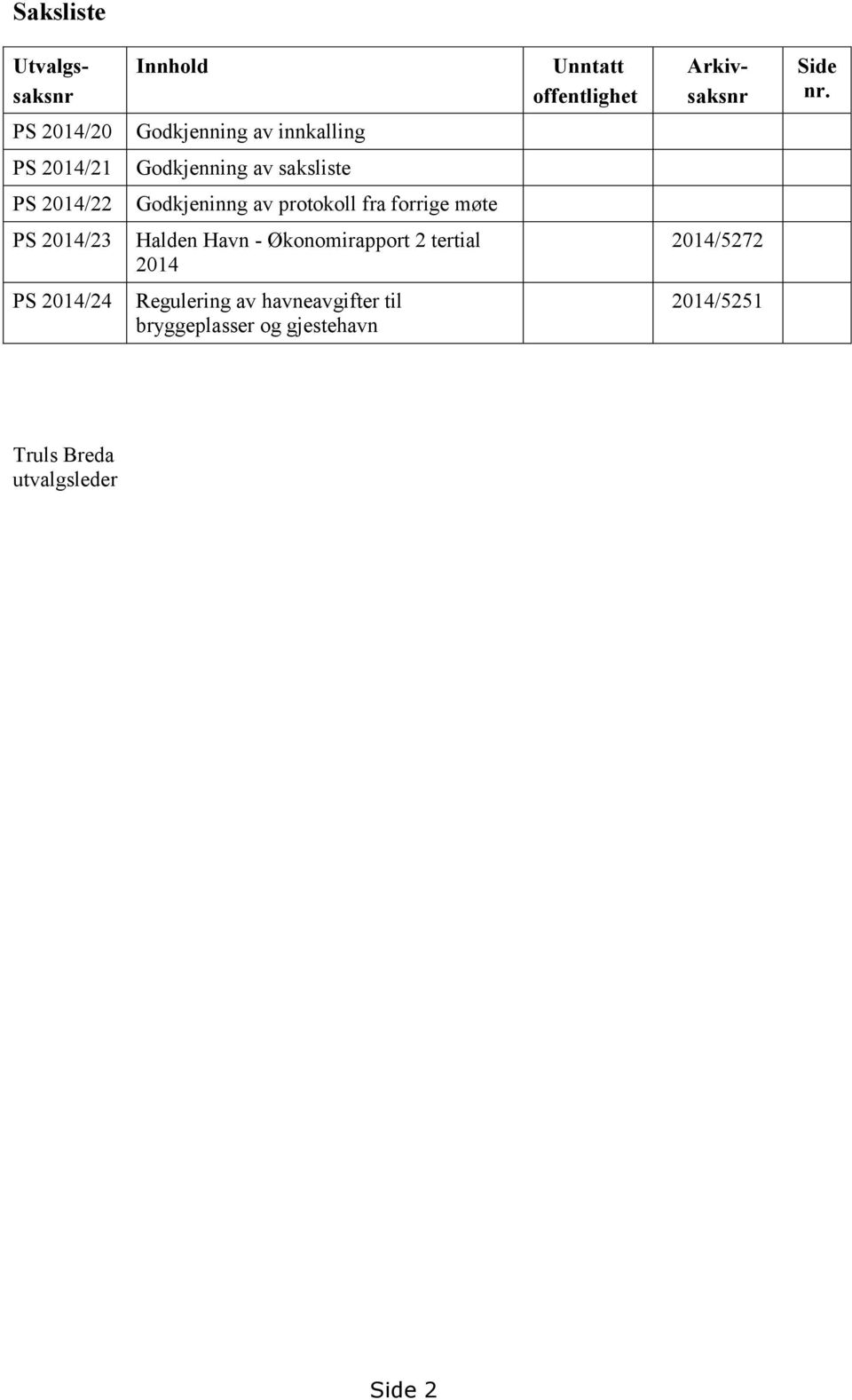 Godkjeninng av protokoll fra forrige møte PS 2014/23 Halden Havn - Økonomirapport 2 tertial