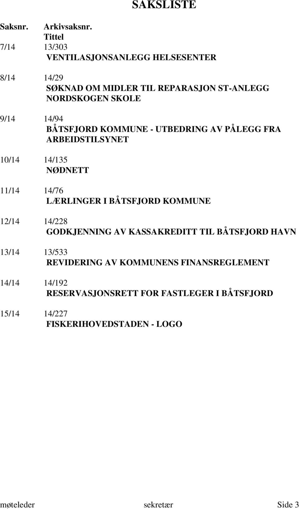 14/94 BÅTSFJORD KOMMUNE - UTBEDRING AV PÅLEGG FRA ARBEIDSTILSYNET 10/14 14/135 NØDNETT 11/14 14/76 LÆRLINGER I BÅTSFJORD KOMMUNE