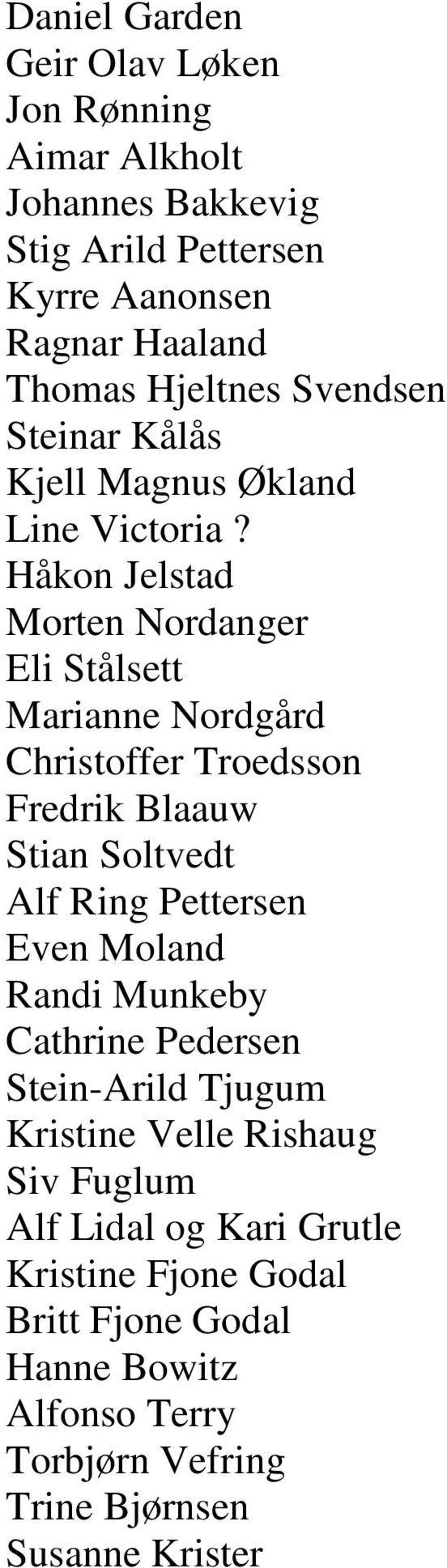 Håkon Jelstad Morten Nordanger Eli Stålsett Marianne Nordgård Christoffer Troedsson Fredrik Blaauw Stian Soltvedt Alf Ring Pettersen Even