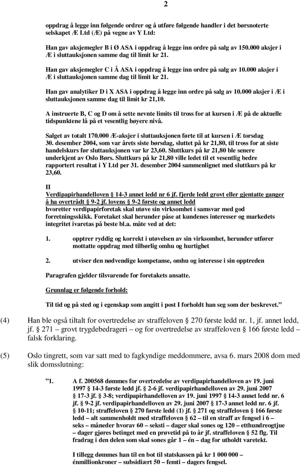 000 aksjer i Æ i sluttauksjonen samme dag til limit kr 21,10. A instruerte B, C og D om å sette nevnte limits til tross for at kursen i Æ på de aktuelle tidspunktene lå på et vesentlig høyere nivå.